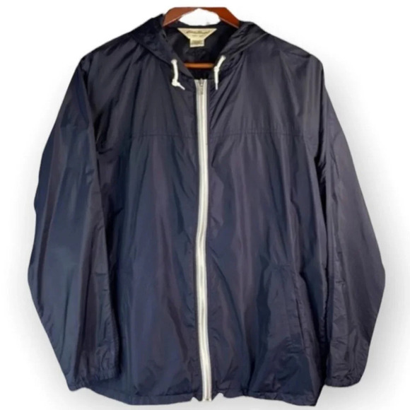 EDDIE BAUER Oversize Windbreaker Jacket Navy Hooded Drawstring Granola Size M - Picture 2 of 11
